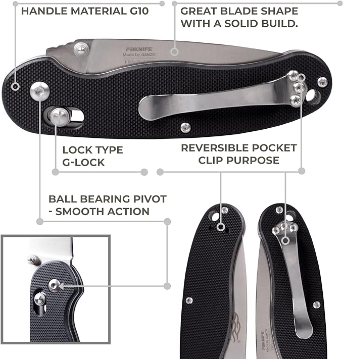 GANZO Firebird FB727S-BK Folding Pocket Knife 440C Stainless Steel Blade G10 Handle with Clip Hunting Fishing Outdoor EDC Knife (Black)