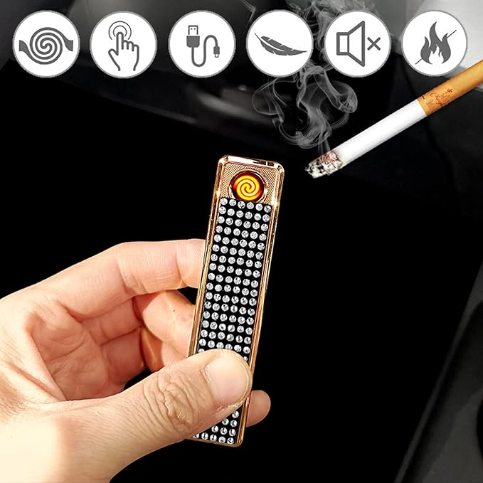Rhinestone Lighter Electric Lighter Rechargeable Bling Glitter USB Lighter Flameless Girls Lighter for Women (Black Sliver)