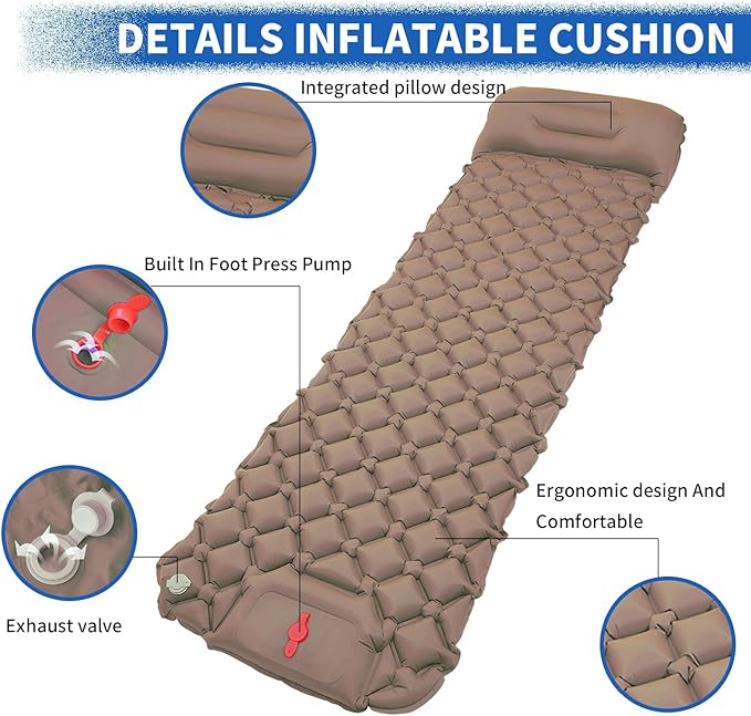 DDD Ultra-Light Inflatable Camping Sleeping Pad with its Built-in Foot Pump and Pillow - The Ultimate Camping pad, Hiking pad, Backpacking Pad and Lightweight for a Outdoor Sleep——Brown