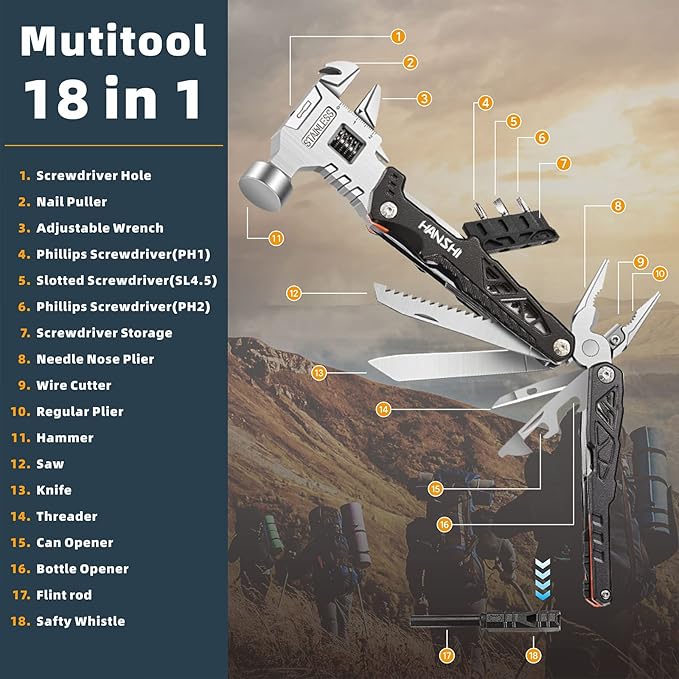 Upgraded Adjustable Wrench Multitool Hammer with YG10 Tungsten Steel Replaceable Wire Cutters for Men,18 in 1 Pocket Multi Tool Knife with Spring-Action Pliers for Camping,Survival (Black)