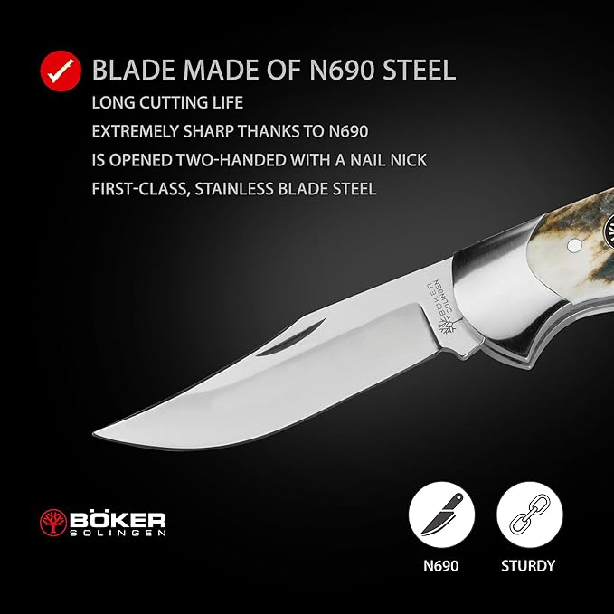 Boker 112004ST Stag Lock Blade Hunter Pocket Knife with 7-1/4 in. Straight Edge Blade