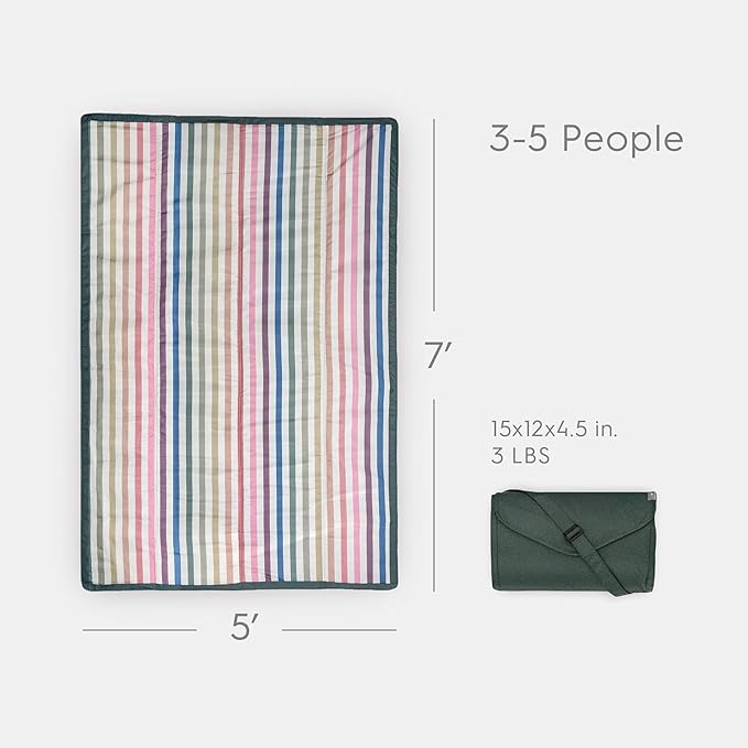 Little Unicorn Outdoor Family Picnic & Beach Blanket, Water-Resistant, Compact Fold, Large Size, 5 x 7 feet, (Chroma Rugby Stripe)