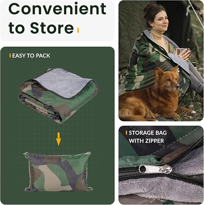 Titanker Outdoor Picnic Blankets, Camping Blanket Waterproof Blanket and Outdoor Pillow 2-in-1, 83''X 55'' Car Blanket with Storage Bag, Stadium Blanket Beach Blanket, Camo Green