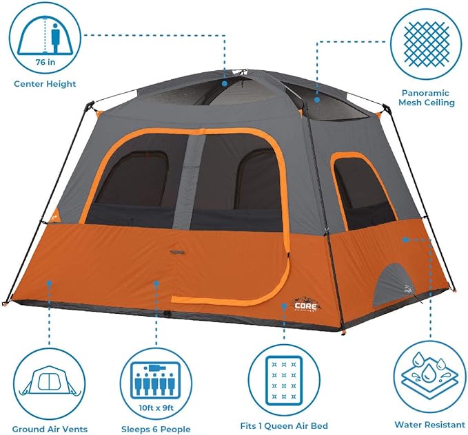 CORE Tent for Family Camping | 4 Person & 6 Person Portable Camp Tent with Carry Bag for Outdoor Car Camping | Included Gear Loft Organizer for Camp Accessories