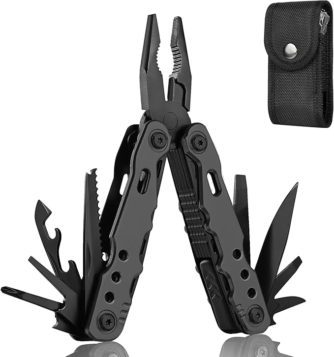 Multitool Pliers Pocket Tool Camping Tool 12 in 1 Multi Tool Gifts for Men Multi Tool with Safety Lock Screwdrivers Saw Bottle Opener Sheath for Camping Survival Hiking Simple Repairs -Black