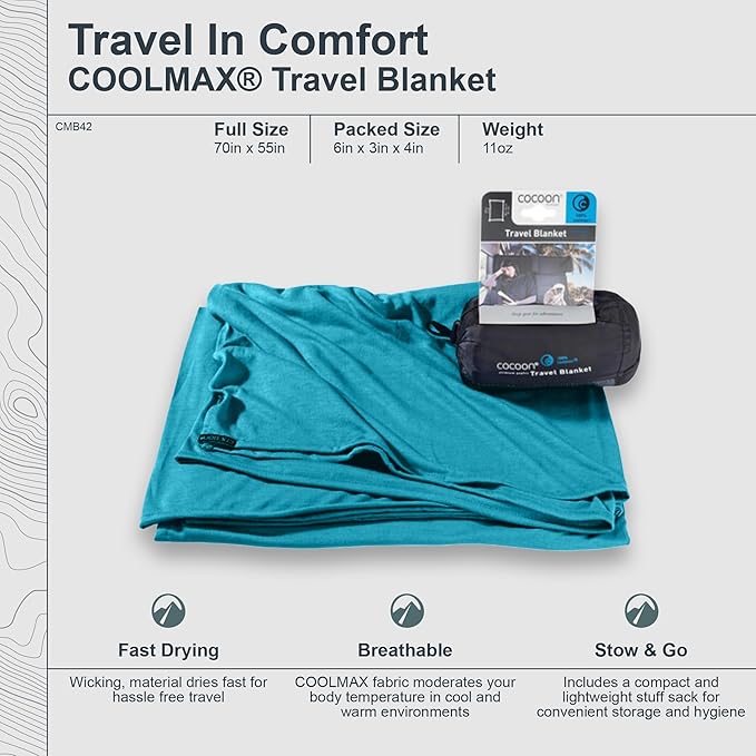 COCOON - Coolmax Travel Blanket | Compact Throw Blanket for Camping and Hiking | Fits in Backpack | Attaches to Luggage | Travel Essential | Fast Drying (Regular 70" x 55")