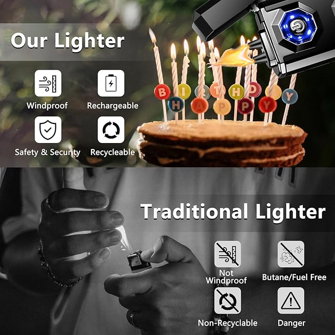 SKRFIRE Electric Lighter Rechargeable USB C Arc Plasma Lighter High Power Flame Cool Lighter Windproof Electronic Candle Lighter with LED Flashlight for Candle, Firework, Incense (Black)