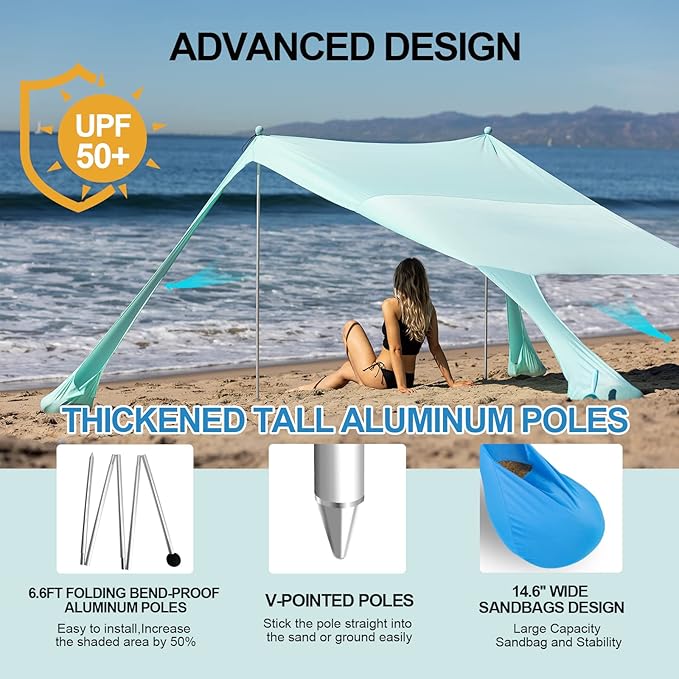 Buheco Beach Tent Pop Up Shade 10x10ft Beach Canopy Sun Shelter UPF50+ with 4 Foldable Poles-Portable Carrying Bag-Sand Shovel-Ground Pegs-Windproof Ropes for Outdoor Family Camping-Fishing- Picnic