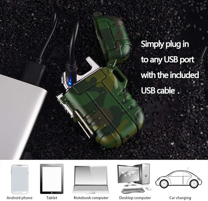 Dual Arc Plasma Electric Rechargeable Flameless Lighter Waterproof Windproof for Camping, Hiking, Skiing, Outdoor Adventure (Camouflage)