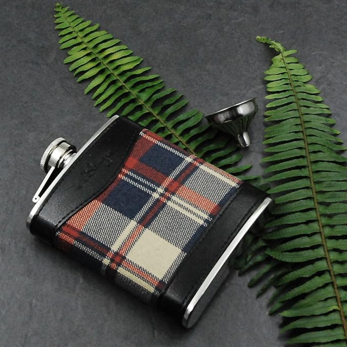 6oz Red Check and Black Leather Wrapped Hip Flask with a Funnel 18/8 Stainless Steel-YM113