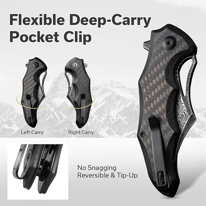 CIVIVI Chiro Pocket Knife for EDC, Folding Knife with Flipper 3.1" Damascus Blade Carbon Fiber Overlay On Black G10 Handle, Utility Knife for Men Women C23046-DS1