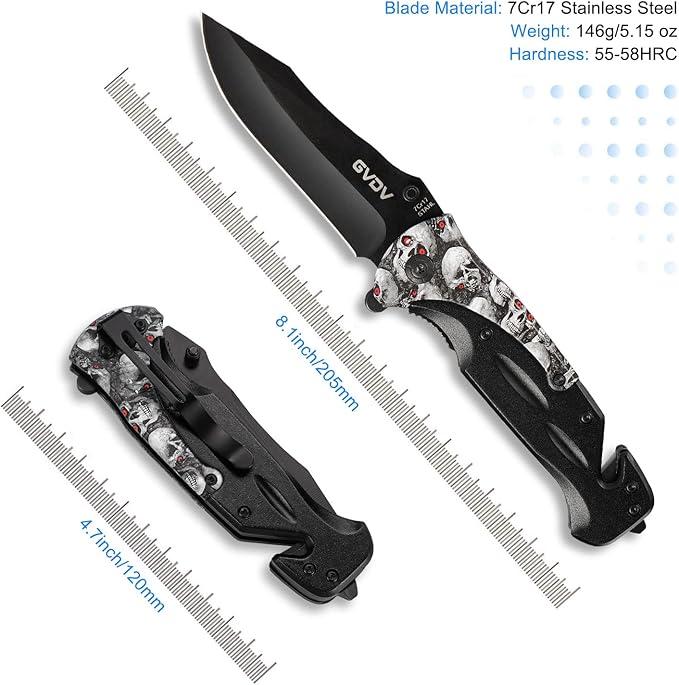 GVDV Utility Pocket Knife with 7Cr17 Stainless Steel - Folding Knife for EDC Outdoor Camping Hunting, Liner-Lock, Clip, Seatbelt Cutter, Glass Breaker for Emergencies, Men Gifts, White Skull