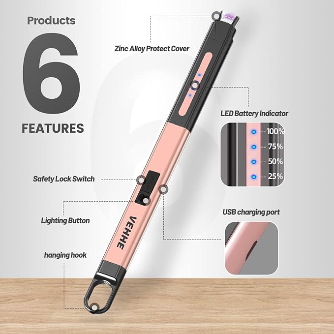 VEHHE Candle Lighter, Electric Lighter Rechargeable with Safety Lock and LED Battery Display, USB Long Lighter for Candle, Windproof & Flameless Arc Lighter Rose Gold