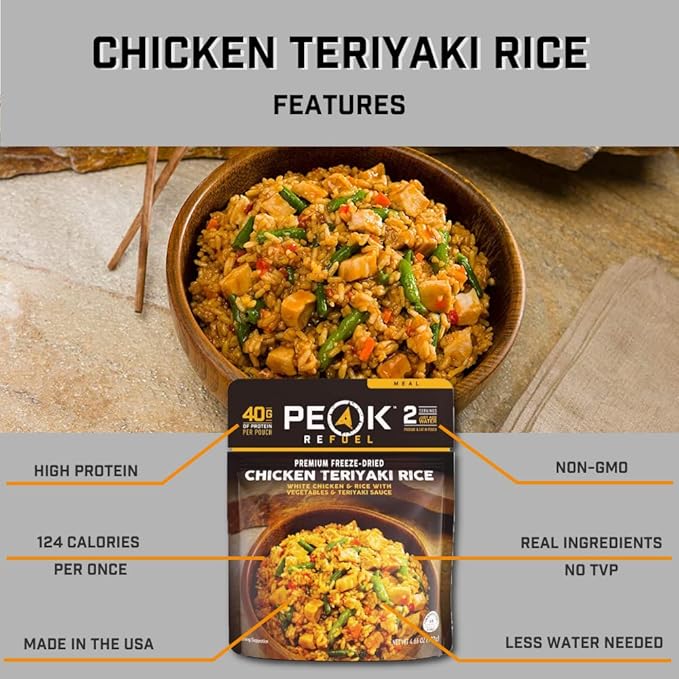 Peak Refuel Chicken Teriyaki Rice 6 Pack | Premium Freeze Dried Camping Food | Backpacking & Hiking MRE Meals | Just Add Water | 100% Real Meat | 240g of Protein | Pouch (Teriyaki - 6 Pack)