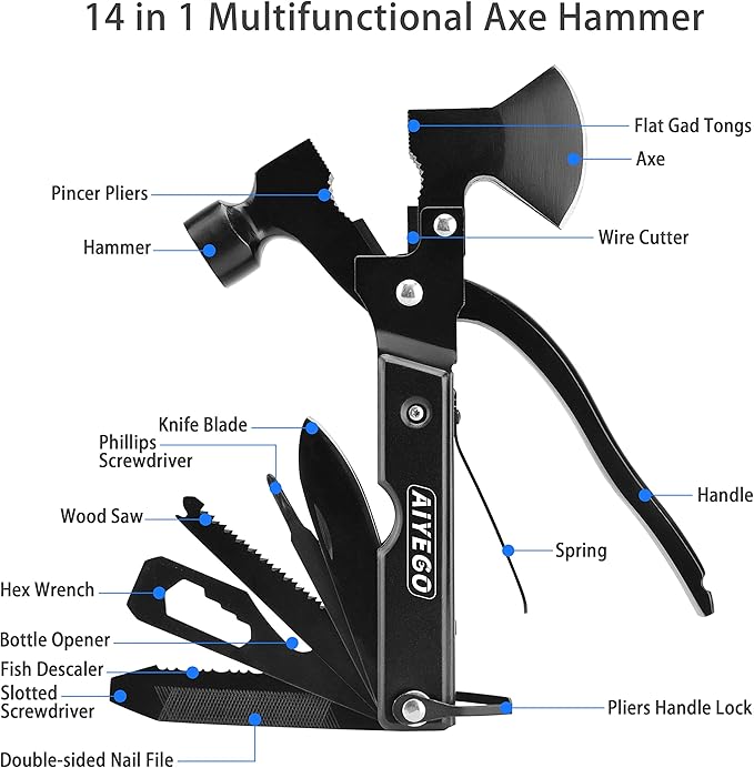 Multi-tool Axe Hammer, Upgraded 14 in 1 Portable Hatchet Tool with Sheath, Camping Survival Gear Kit Birthday Presents Christmas Stocking Stuffers for Dad Father Grandpa Husband Son Boyfriend Him