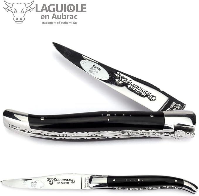 handmade knife 12 cm - double platines - buffalo horn handle - blade and bolsters stainless steel shiny