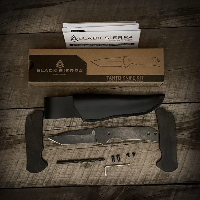 Black Sierra Japanese Tanto Knife Building Kit, Handmade Knife Kit w/Stonewashed Finished Steel Blade and Deluxe Leather Sheath, DIY Fixed Blade Gift for Men, Perfect for Father's Day Gift