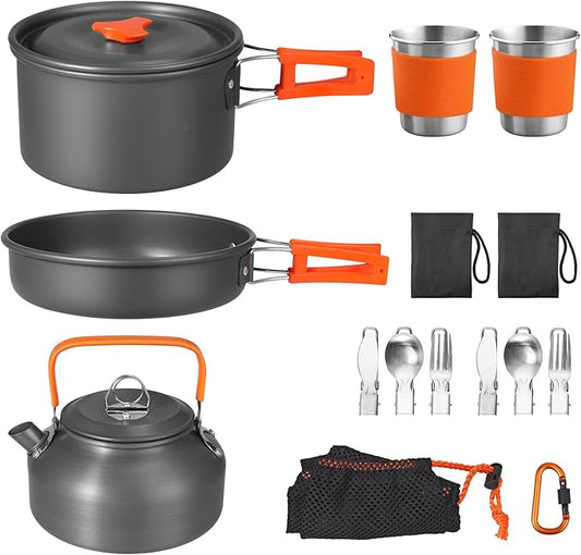 17PCS Camping Cooking Set, Non-Stick Lightweight Camping Pots and Pans Set with Kettle, Stainless Steel Cups, Foldable Forks Knives Spoons for Camping, Backpacking, Outdoor Cooking & Picnic