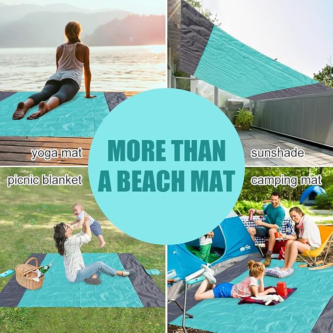 Yonge & Finch Large Beach Blanket Sandproof Heat-Resistent Beach Mat Machine Washable Camp Blanket Packable Pocket Blanket Waterproof Outdoor Blanket Fit 4-7 Persons 83 * 79inch Acid Blue