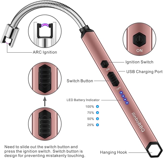 iinboBBQ Lighter Electric Lighter Rechargeable USB Candle Lighter with LED Battery Display Arc Lighter with Flexible Neck Flameless Long Lighters for Candles Grill BBQ Camping (Rose Gold)