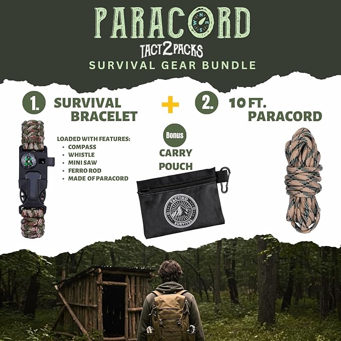 Bracelet & 10' Paracord Bundle – Fire Starter, Compass, Emergency Whistle, Mini Saw - Tactical Outdoor Survival Gear for Camping, Hiking, and Emergency Kits - U.S. Company