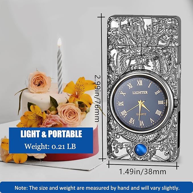 Cool Lighter with Clock Dial Electric Lighter with LED Power Display Plasma Lighter Windproof USB Rechargeable Lighter Gifts for Men Women(SilverDragon)