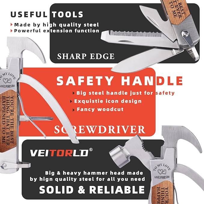Gifts for Men Him, Anniversary Birthday Gifts for Him Boyfriend Husband, All in One Survival Tools Small Hammer Multitool with Engraved Wooden Box, Cool Gadgets Camping Hunting Present
