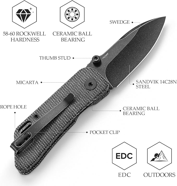 Folding EDC Knife for Men, Pocket Knife with Reversible Deep Carry Clip,2.32" 14C28N Steel Blade,Micarta Handle,Bootes-04B