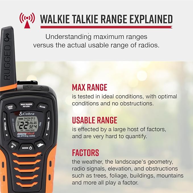 Cobra ACXT645 Waterproof Walkie Talkies for Adults - Rechargeable, 22 Channels, Long Range 35-Mile Two-Way Radio Set (Pack of 2)), Black and Orange, 1.74 x 2.54 x 6.74 inches