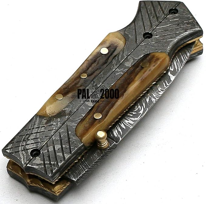 PAL 2000 KNIVES FOL-8897 Handmade Damascus Steel Blade Folding Pocket Hunting Knife with Sheath