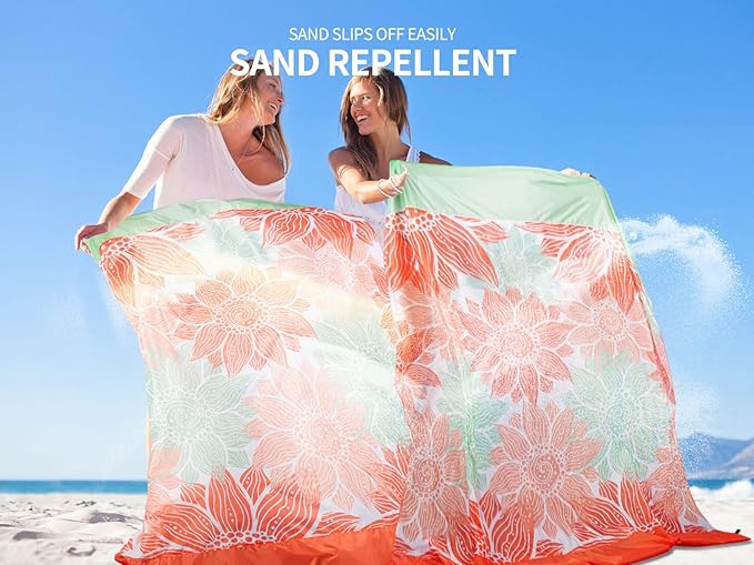 Beach Blanket Sandproof Extra Large Beach Mat Adults Waterproof Quick Drying Sand Free Mat Made by Premium Polyester with 4 Stakes & 4 Corner Pockets for Outdoor Travel Camping Hiking