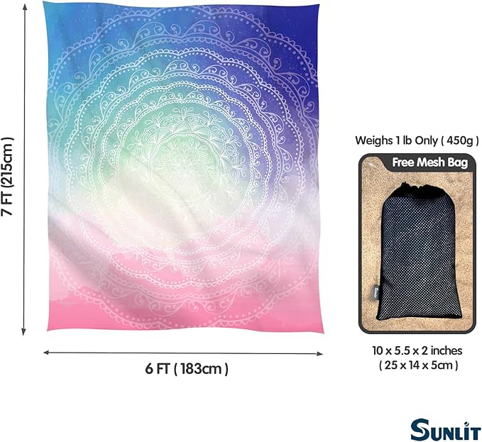 Sunlit 6'x7' Boho Sand Proof Beach Blanket, Sand Proof Mat with Corner Pockets and Mesh Bag for Beach Party, Travel, Camping and Outdoor Music Festival, Blue and Pink Circle Mandala