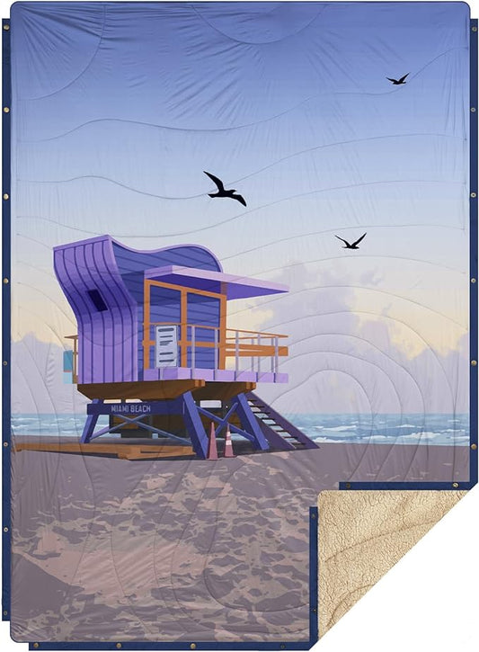 Outdoor Camping Blanket with Sherpa Lining, Extra Warm Thick Camp Blankets & Puffy Ultralight Soft Poncho DWR Camping Quilt for Cold Weather, Adventure,Sleeping,Backpacking 78"x 56"