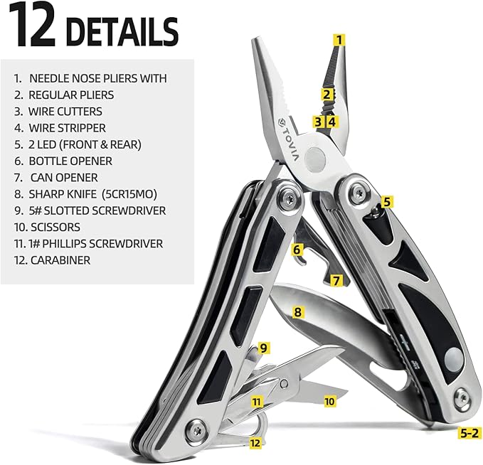 T TOVIA 12 in 1 Multitool Pliers Folding Knife Multi Cable Wire Cutter Stripper Camping Hunting Multitool with Carabiner