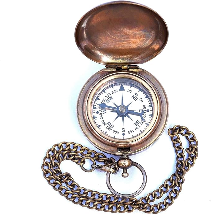 Handmade Nautical Brass Push Open Compass On Chain with Leather Case Pocket Compass Gift Compass Rustic Vintage Home Decor Gifts