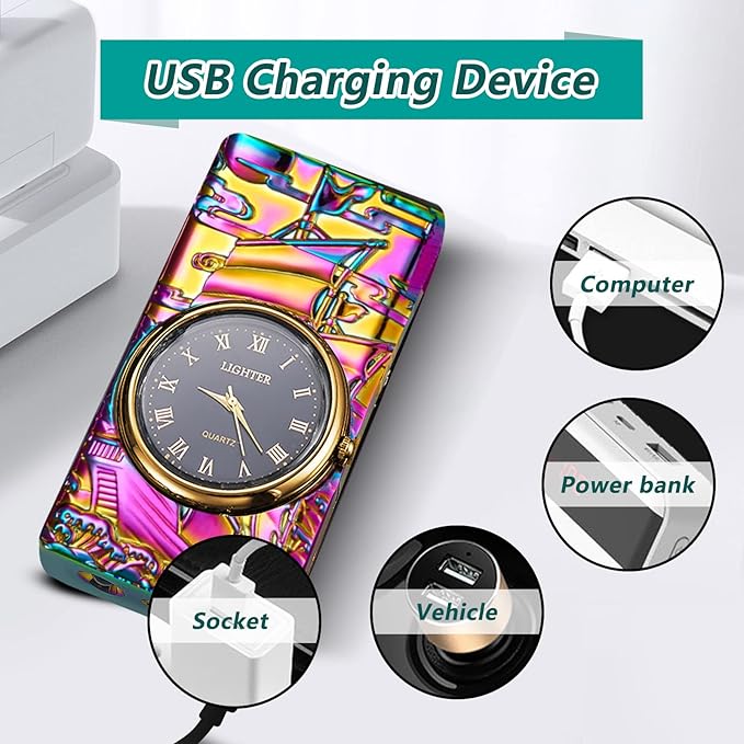 Plasma Lighters Electric Lighters Rechargeable Flameless Windproof Arc Lighter with Clock dial Vintage Cool Lighters for Candles, Incense, Outdoor, Camping (Color