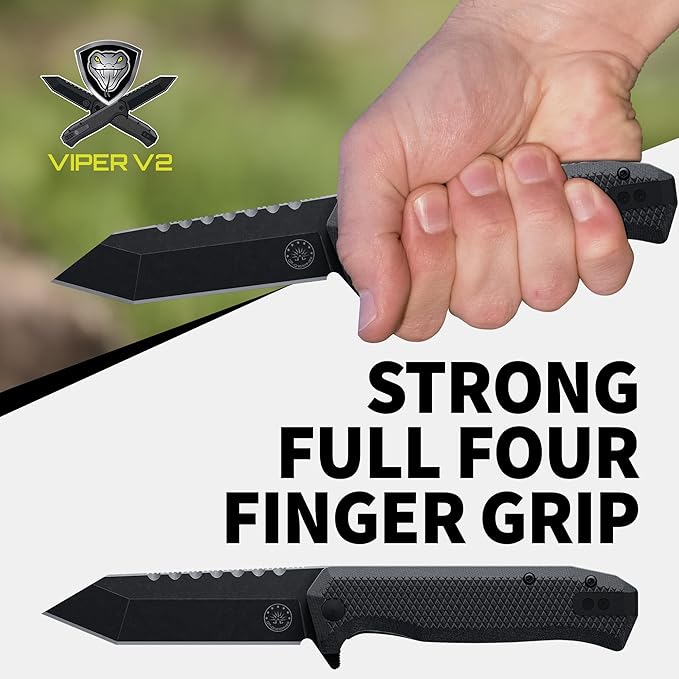 Off-Grid Knives - Viper V2 with154CM Steel Tanto Blade, Grippy G10 Scales, Left or Right Deep Carry Clip, Ceramic Ball Bearings (Blackwash)