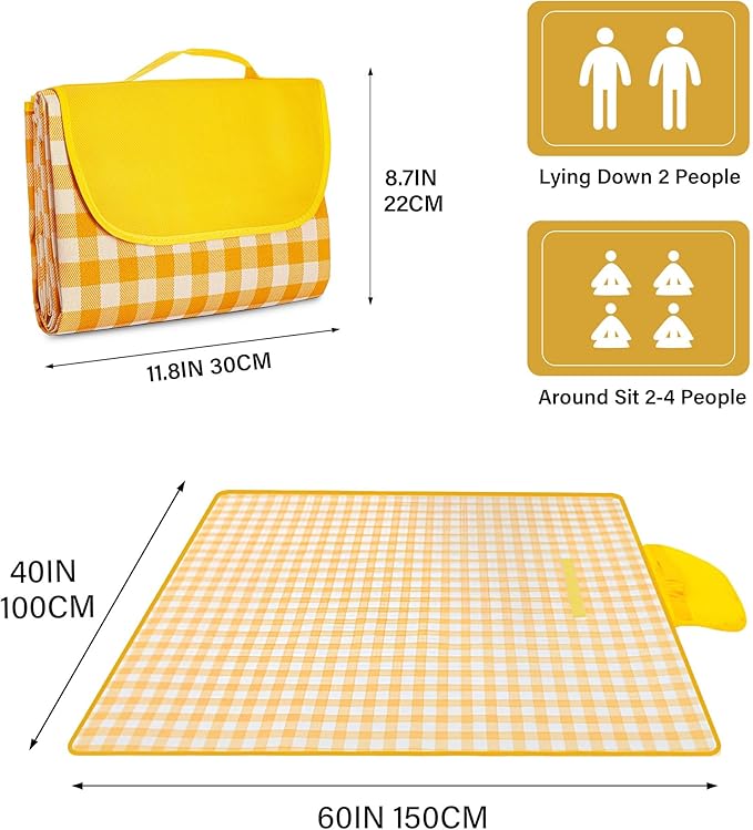 Picnic Blankets Waterproof Foldable Yellow Gingham Beach Outdoor Blanket Tote handbag for Park Travel Camping (40x60 inch)
