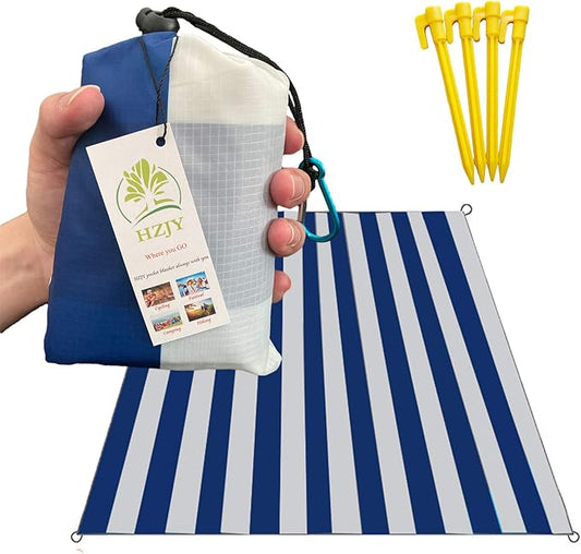Outdoor Blanket (71" x 55") -Compact, Lightweight, Sand Proof Pocket Blanket Best Mat for The Beach, Hiking, Travel, Camping, Festivals with Pockets, Loops, Stakes, Carabiner