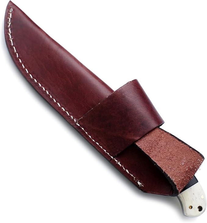 Handmade Damascus Steel Fixed Blade Bowie Knife for EDC,Hunting,Survival,Camping,Bushcraft,and Fishing with Drop Point Full Tang Bone Handle with Cowhide-Leather Sheath - WKD-783