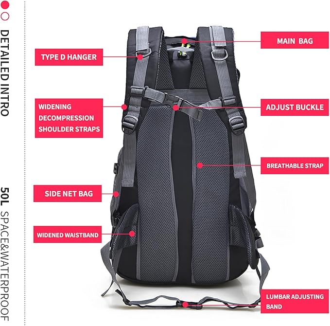 Bseash 50L Hiking Backpack, Water Resistant Lightweight Outdoor Sport Daypack Travel Bag for Camping Climbing Touring (Green - No Shoe Compartment)