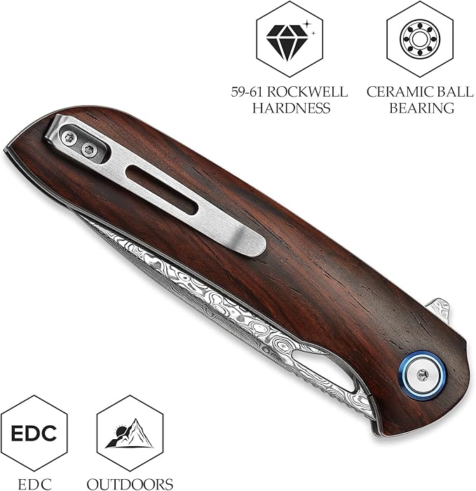 Handmade Folding Hunting Knife,3.5in 110 Layers Damascus Steel Liner Lock Rosewood Handle with Deep Carry Pocket Clip&Titanium Pivot Ring,Thumb Hole Flipper Opener with Ceramic Ball Bearing EDC Knives for Men,Sgr-01