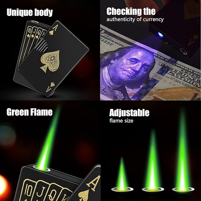 Jet Torch Lighter, Ace Card Green Flame Lighter, Metal Poker Design Windproof Refillable Butane Cool Lighter, Outdoor, Indoor, Camping, BBQ, Candle, Birthday, Gift for Men/Women (Without Gas)