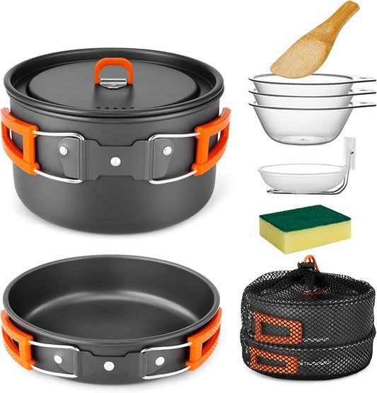 Odoland 9pcs Camping Cookware Non-Stick Lightweight Camping Pots and Pans Set with Plastic Bowls Soup Spoon for Camping, Backpacking, Outdoor Cooking and Picnic