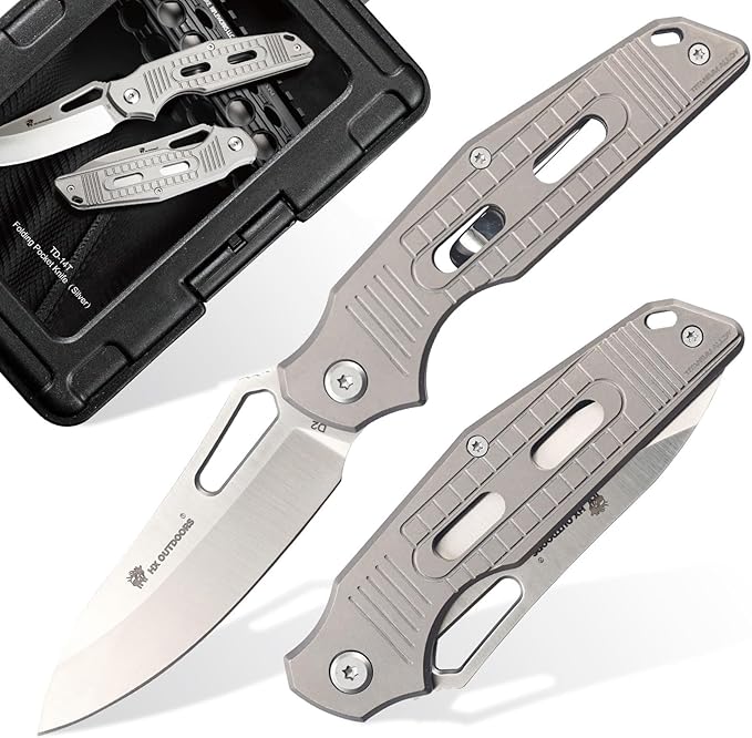 HX OUTDOORS Folding Pocket Knife, Premium D2 Steel Foldable EDC Camping Knife with Titanium Alloy Handle, Portable Clip EDC Tools for Camping Hiking Survival Outdoor, Men Women Gift