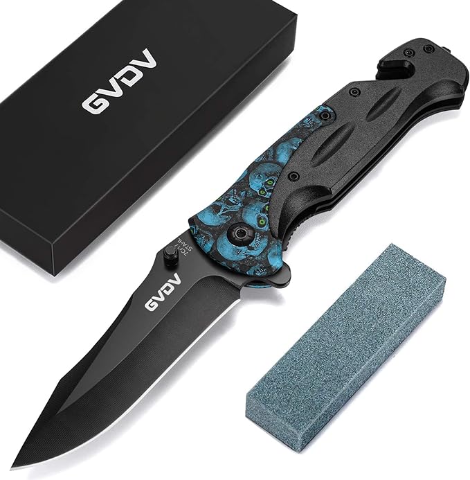 GVDV Utility Pocket Knife with 7Cr17 Stainless Steel - EDC Folding Knife for Outdoor Camping Hunting, Liner-Lock, Clip, Seatbelt Cutter, Glass Breaker for Emergencies, Father's Day Gifts, Blue Skull
