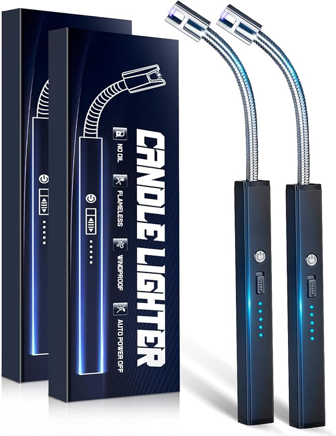 Electric Lighter for Candle USB Rechargeable - 2 Pack Stocking Stuffers for Men Women Upgraded Plasma Arc Lighter with LED Display Flameless Safety Lock Long Lighter for Grill Cooking Camping