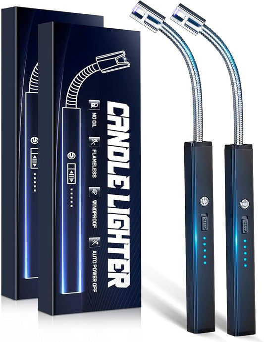 Electric Lighter for Candle USB Rechargeable - 2 Pack Stocking Stuffers for Men Women Upgraded Plasma Arc Lighter with LED Display Flameless Safety Lock Long Lighter for Grill Cooking Camping