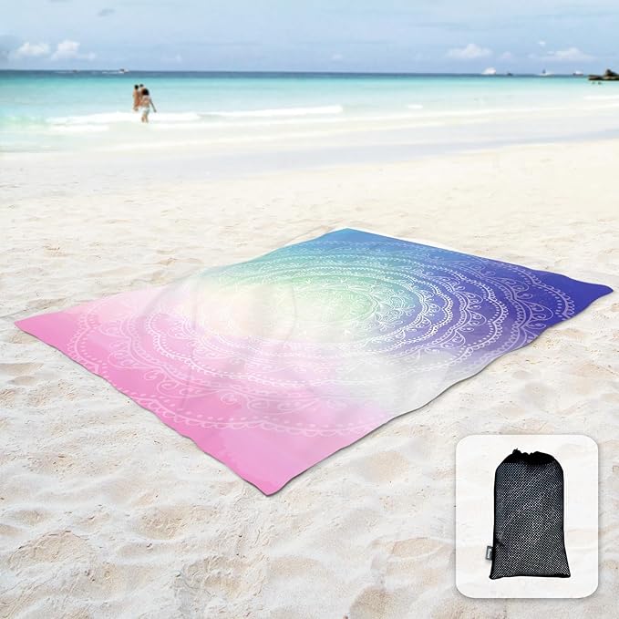 Sunlit 6'x7' Boho Sand Proof Beach Blanket, Sand Proof Mat with Corner Pockets and Mesh Bag for Beach Party, Travel, Camping and Outdoor Music Festival, Blue and Pink Circle Mandala