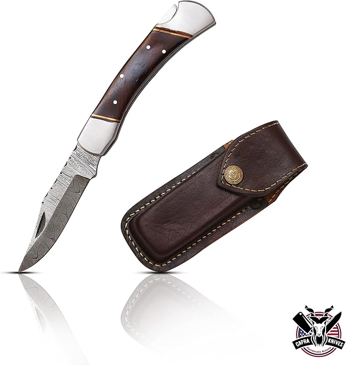 Capra Knives CK-42 Handcrafted Folding Pocket Knife 5” Folded, 9” Long Overall, 8oz Rose Wood Handle, Damascus Blade with Leather Sheath
